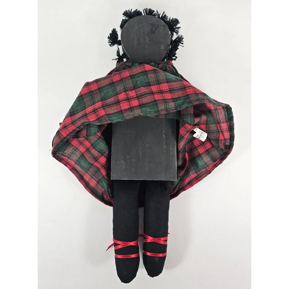 Vintage 1980's African American Wooden Sitting Folk Art Doll Plaid Dress 10